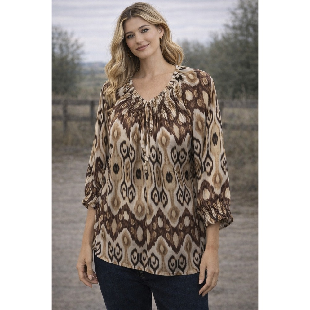 CHICOS Ikat Print Blouse Boho Peasant Top Brown Cream Size 3